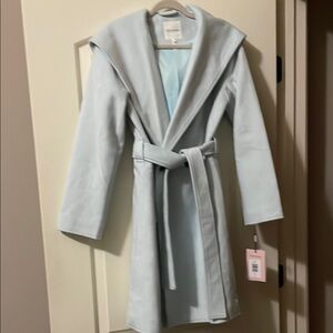 AVEC LES FILLES Belted Twill Hooded Robe Coat In Ice Blue Size XS $339